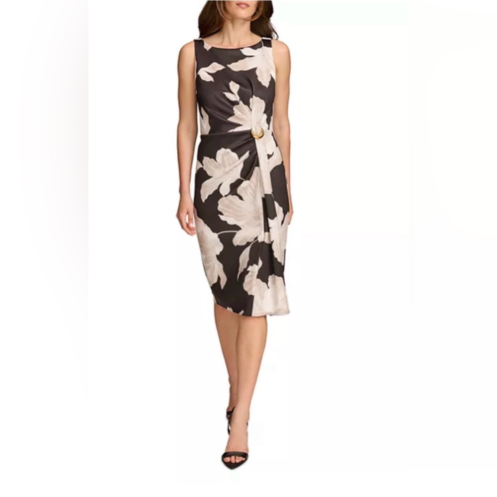 Donna Karan Black and Cream Floral Midi Dress